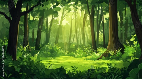 Sunlit Forest Clearing, Lush Greenery, Nature Scene, Digital Art ,Forest, Nature