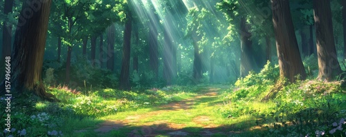 Sunlit Forest Path Lush Greens, Digital Art, Nature Scene, Fantasy Forest Digital Painting, Nature Scenery