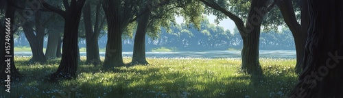 Sunlit Forest Riverbank, Lush Meadow, Tranquil Scene, Digital Painting , landscape art