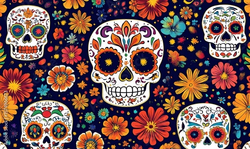 
Day of the Dead skulls pattern. Dia de los muertos print. Day of the Dead and Mexican Halloween texture. Mexican tradition festival. Day of the dead sugar skull isolated.

