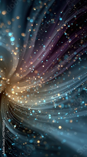 Abstract swirling lines with bokeh, blue, gold, and purple hues