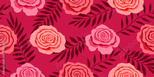 Hand drawn tropical Roses and Leaves Floral summer seamless patern for textiles, wallpaper, wrapping paper, fabric, fashion, background vector illustration