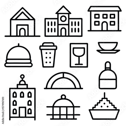 Buildings food and drink icons house school