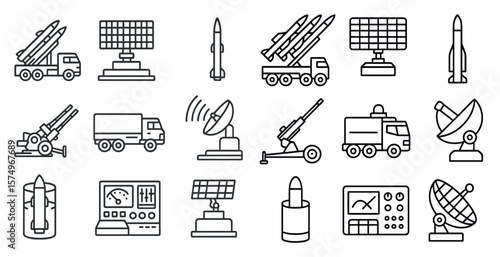 Series of military vehicles and weapons, including a truck, a rocket, and a tank. Concept of power and strength, as well as the potential for destruction