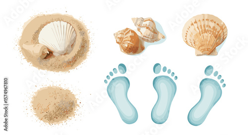 Watercolor illustration of seashells in sand and footprints on a white background art design