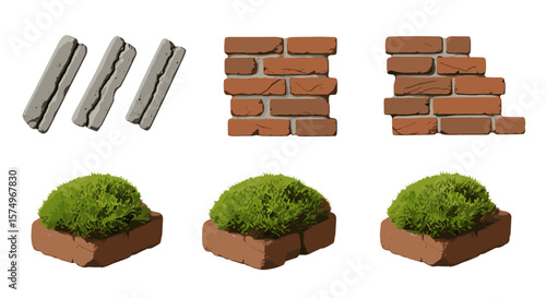 Illustration showing three concrete pieces, two brick walls, and three mossy brick planters isolated