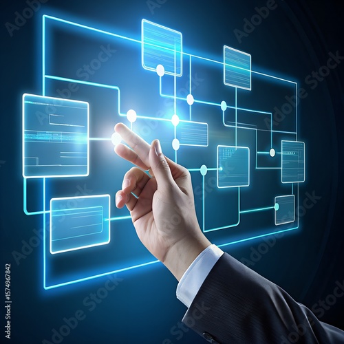 Hand interacting with a glowing digital interface displaying data and network connections
