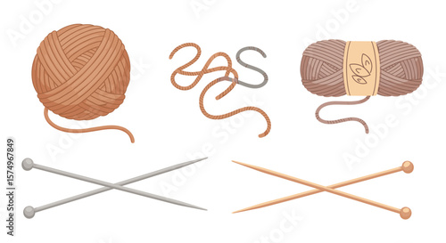 Illustration of yarn balls, loose strands, and crossed knitting needles in various colors and textures