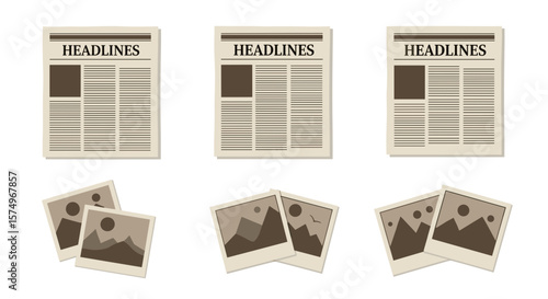 Three newspapers with headlines and articles and three pairs of landscape photographs in the image