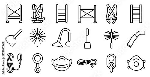 Collection of tools and safety equipment. The tools include a hammer, a screwdriver, and a wrench. The safety equipment includes a hard hat, a harness, and a safety vest