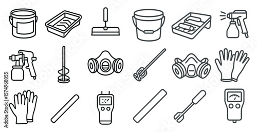 Set of tools and equipment for painting and other tasks. The tools include a paintbrush, a roller, a spray gun, and a bucket. The equipment includes a safety mask, gloves, and a measuring device