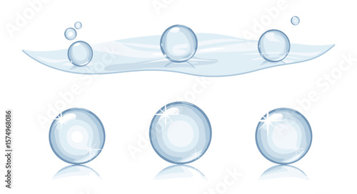 Illustration of water droplets on a surface with reflections and a clean white background view art