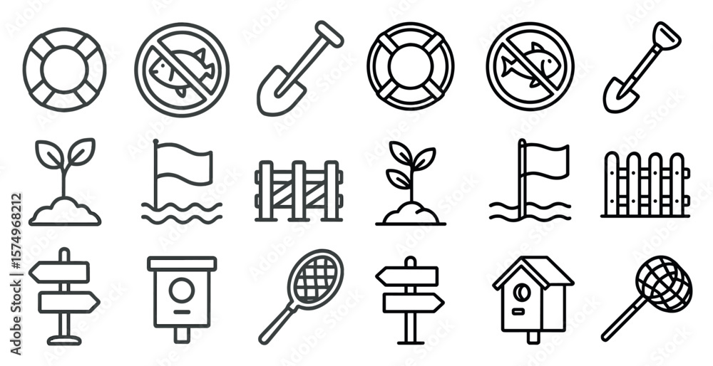 Obraz premium Series of black and white icons that represent various outdoor activities and objects. The icons include a life preserver, a shovel, a tennis racket, a flag, a house, a birdhouse, a bird, a fish