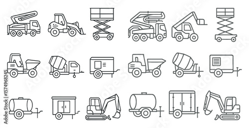 Series of construction vehicles are shown in a line, including a crane, a dump truck, and a backhoe