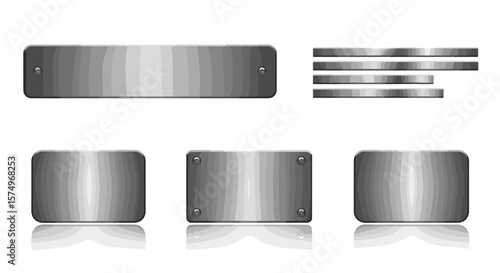 Collection of metal plates and bars with screws arranged on a white background surface design