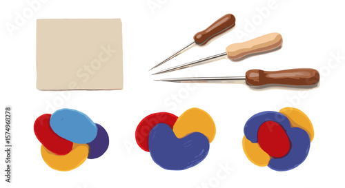 Composition of a beige block, three awls, and three stacks of colorful discs on a white background