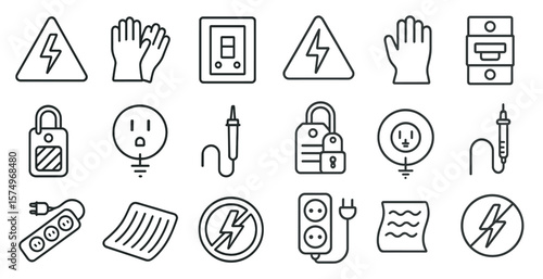 Set of icons for electrical safety. The icons include a light switch, a plug, a power outlet, a power cord, a power strip, a power box, a power outlet, a power strip, a power box, a power outlet