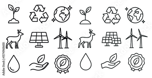 Collection of symbols and icons that represent various aspects of environmentalism and sustainability. The symbols include a deer, a windmill, a tree, and a hand. Scene is one of hope and progress