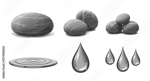 Illustration of gray stones in various arrangements with water droplets and ripples creating a pattern