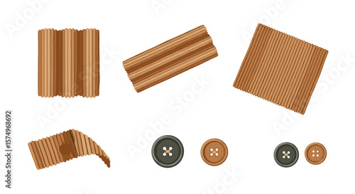 Illustration of corrugated cardboard pieces and buttons in varying shapes and sizes displayed nicely
