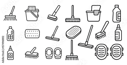 Collection of cleaning tools and supplies. The image is a collection of various cleaning tools and supplies, including a broom, a mop, a bucket, and a bottle. Concept of cleanliness and organization