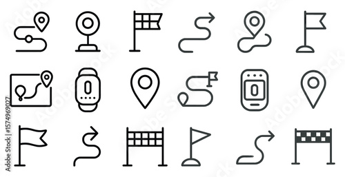 Collection of icons for various sports and fitness activities. The icons include a watch, a flag, a ball, a cell phone, and a stop sign