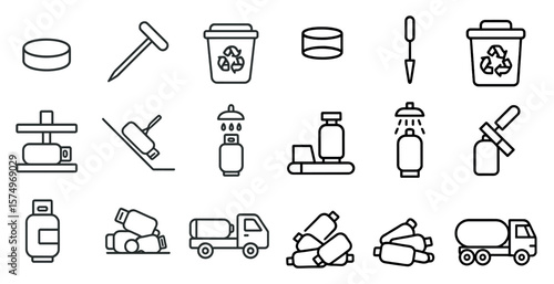 Series of icons depicting various objects and activities related to recycling and waste management. The icons include a trash can, a recycling bin, a bottle, a truck, a shovel, and a syringe