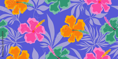 Hand drawn Hibiscus Floral Print Tropical Floral Flowers seamless pattern design for textiles, wallpaper, wrapping paper, fabric, fashion, background vector illustration