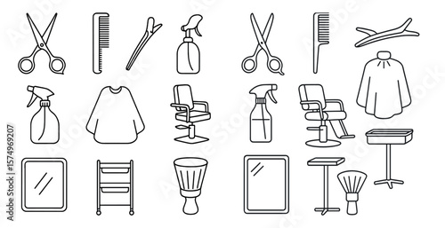 Collection of hair care and styling tools and accessories. The image is a stylized representation of a salon