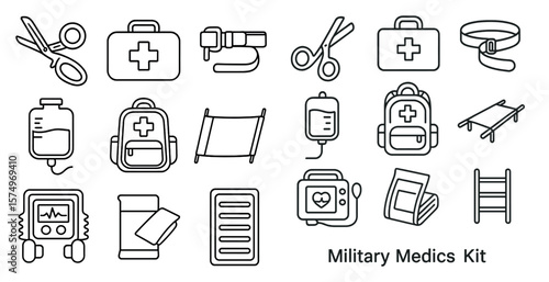 Set of icons for a Military Medics Kit. The icons include a first aid kit, scissors, a backpack, a bottle, a syringe, a stethoscope, a blood pressure cuff, a medical book