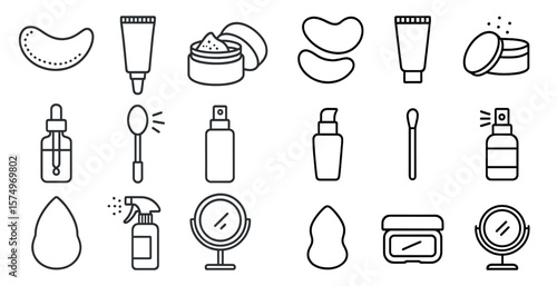 Collection of cosmetics and beauty products. The products include a bottle of lotion, a bottle of perfume, a bottle of makeup remover, a bottle of eye cream, a bottle of face wash, a bottle of toner