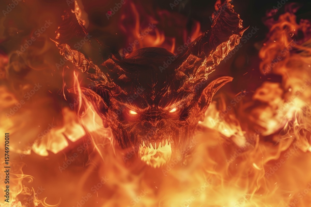 Obraz premium Scary devil with horns emerging from burning flames and glowing eyes