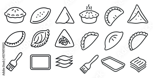 Collection of food items in a line drawing style. The food items include pies, pastries, and other baked goods