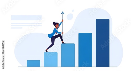 Businesswoman climbing chart bars and holding arrow symbolizing growth, Conceptual illustration of a woman working to advance her career and achieve success