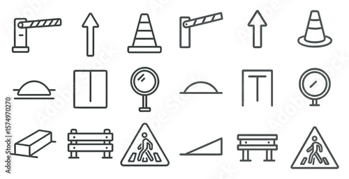 Collection of traffic signs and symbols. The signs include a crosswalk, a stop sign, a yield sign, a speed bump, a speed limit sign, a roundabout sign, a parking sign, a pedestrian crossing sign