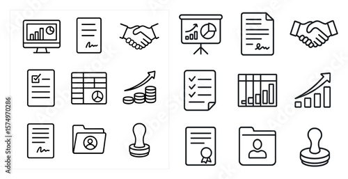 Set of icons for business and finance, including a handshake, a sign, a check, a file, a folder, a person, a pen, a stapler, a calculator, a computer, a keyboard, a mouse, a monitor