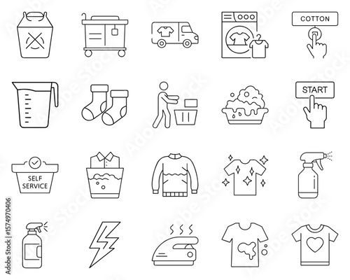 Black silhouette icons for laundry, with washing symbols and actions