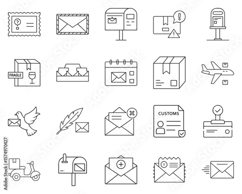 Post Office vector icon set featuring mail and delivery symbols in black outlines