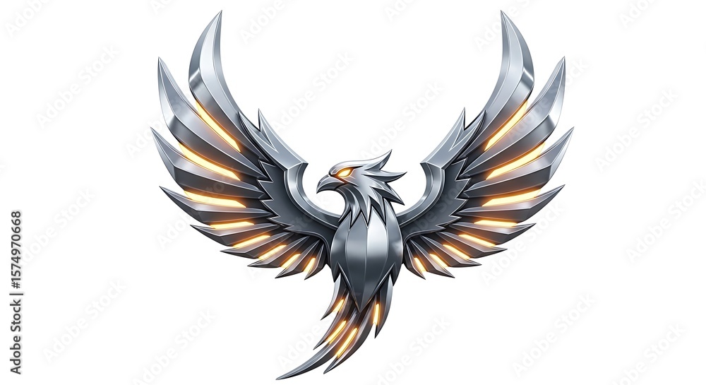 Naklejka premium A Powerful Phoenix Emblem in Gleaming Silver, Symbolizing Rebirth and Strength, A Majestic Bird of Myth with Glowing Eyes