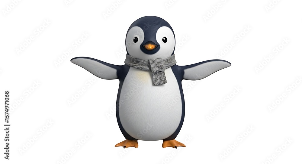 Fototapeta premium Cute Cartoon Penguin with Scarf on White Background | Adorable Winter Animal Character