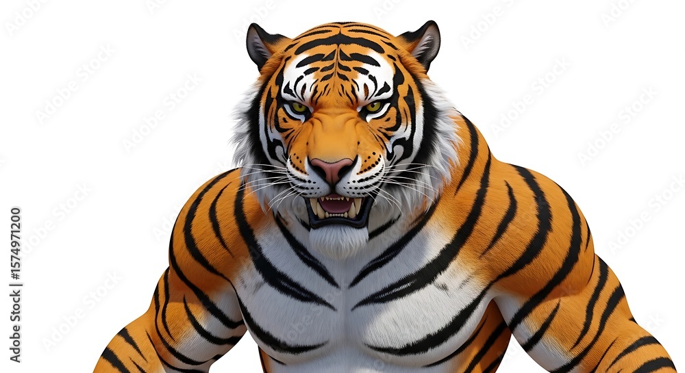 Obraz premium Concept art of a muscular anthropomorphic tiger. A powerful and aggressive fantasy creature roaring fiercely, isolated on a white background.