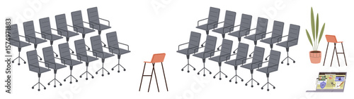 Grey swivel chairs in rows face single orange barstool with a laptop nearby, complemented by a tall potted plant. Ideal for office setup, meeting, presentation, teamwork, strategy, focus, simple flat