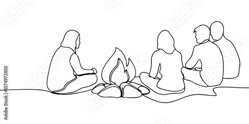 Continuous line art people sitting around a campfire with flames rocks in a minimalist style