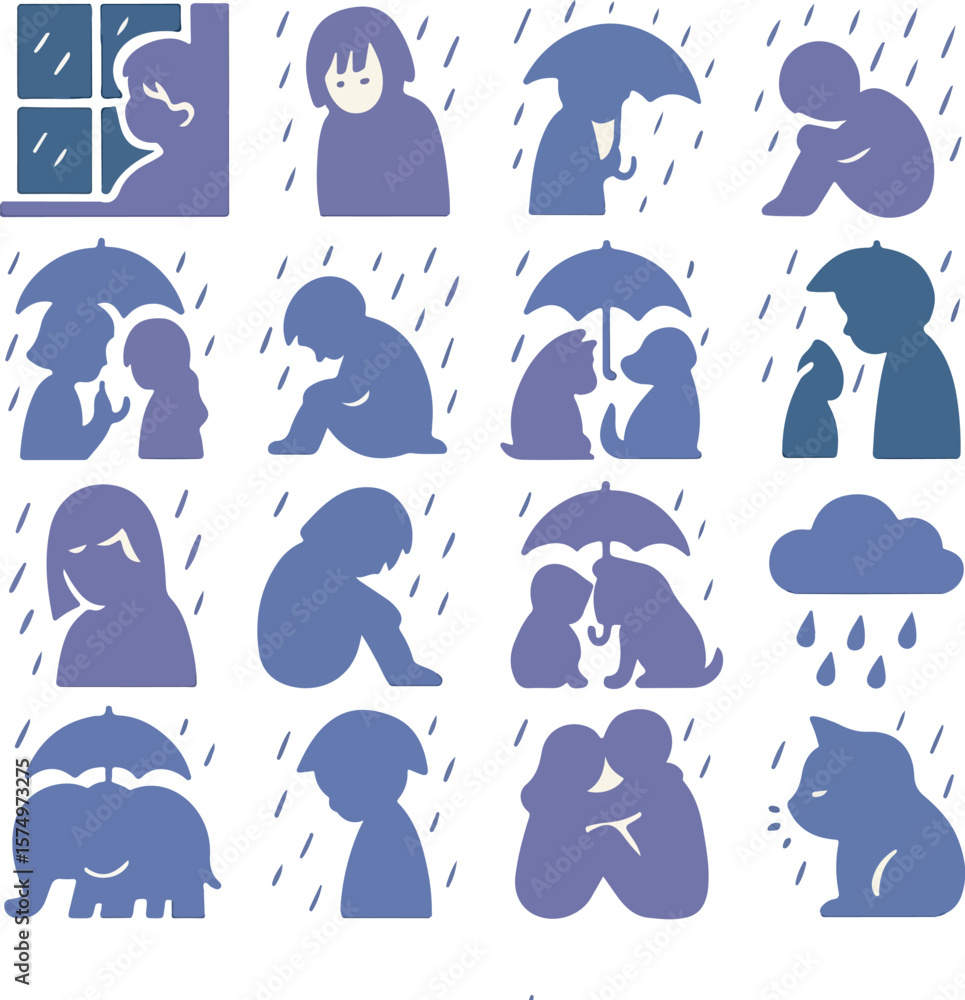 Fototapeta premium Sadness and Comfort Silhouette Icon Set — Emotional Rainy Day Vector Illustrations