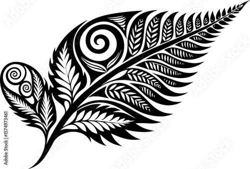 Tribal Fern Leaf Silhouette with Maori Pattern