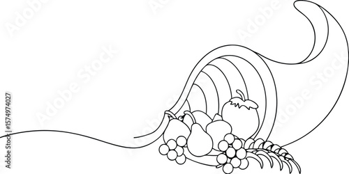 Continuous line art a cornucopia overflowing with fruit horn harvest