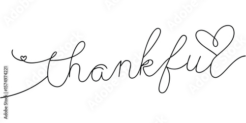 Handwritten word thankful with heart symbols on continuous line art gratitude love
