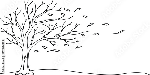 Tree with blowing leaves continuous line art on wind outline