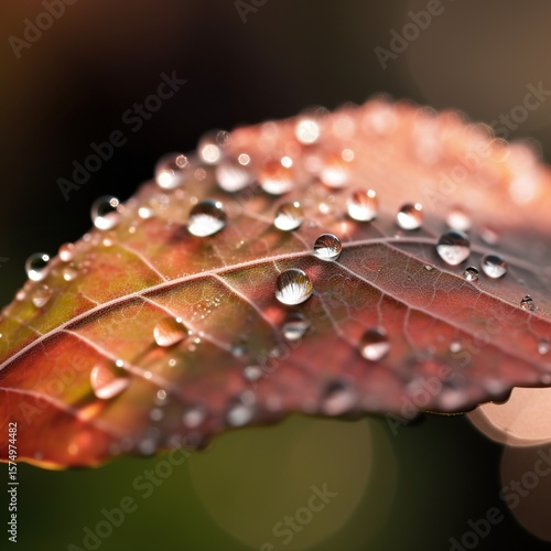 Dewdrops on Autumn Leaf Closeup.