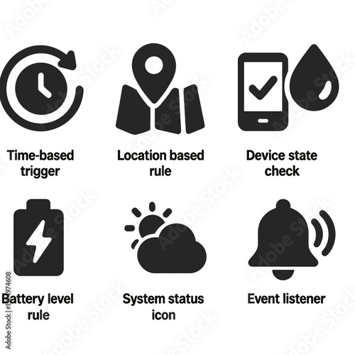 Automation Icons Collection. Solid style icons of automation conditions: time-based trigger, location-based rule, device state